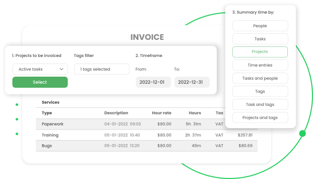 Display of an invoice with project and tracking details.