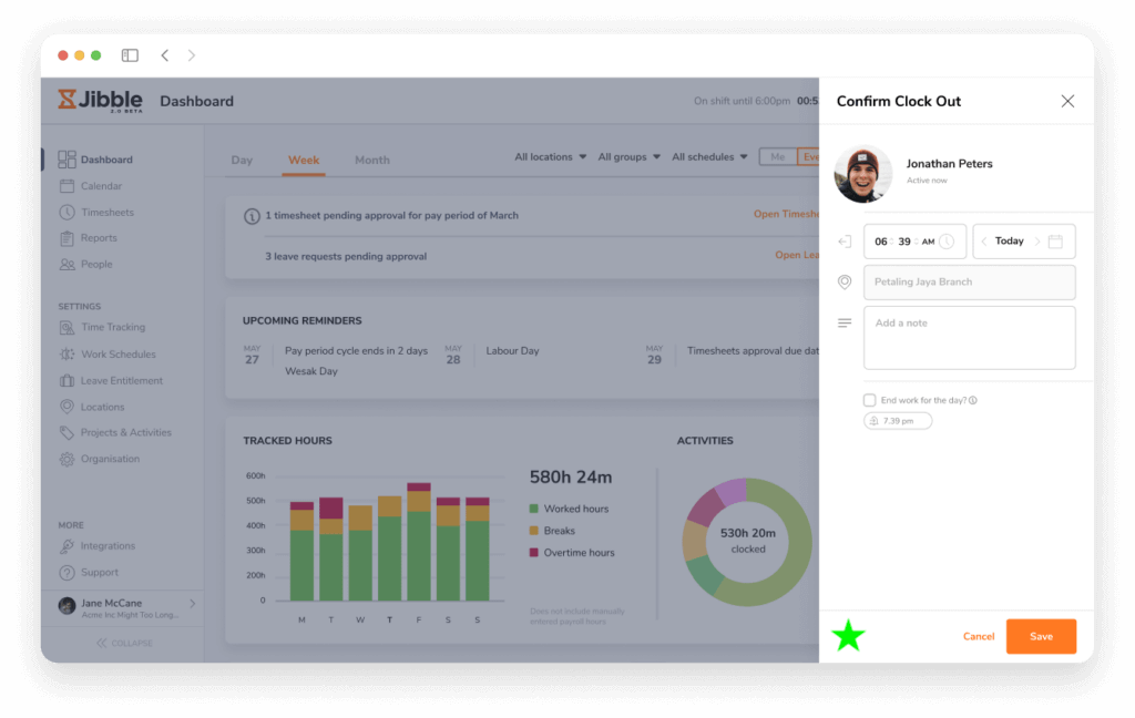 painel de controle do jibble