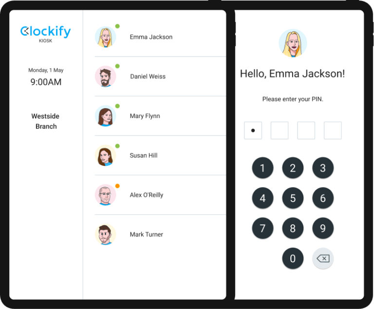 Clockify kiosk showing login and details of user