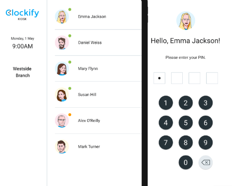 Clockify kiosk showing login and details of user