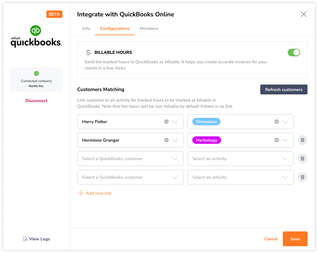 Mapping Customers in QuickBooks to Activities in Jibble