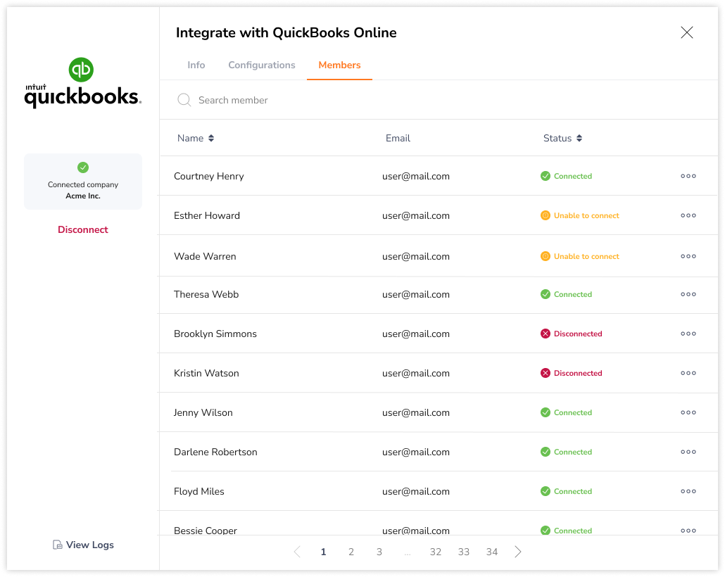 Viewing a list of members integrated from QuickBooks