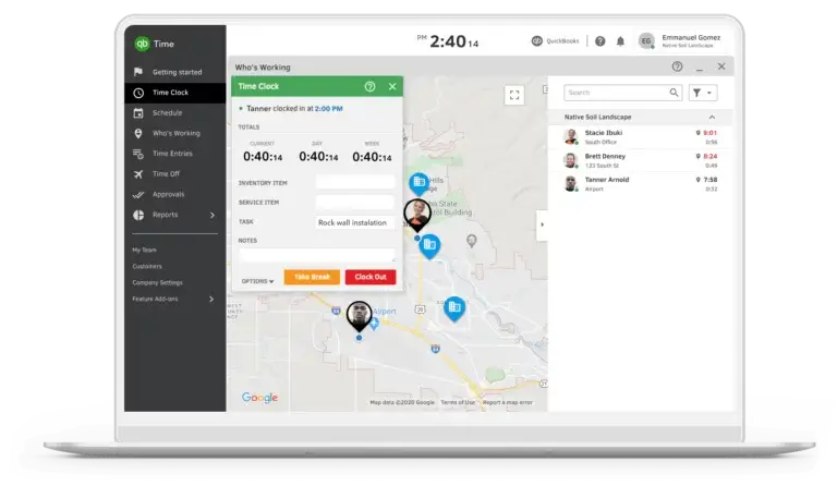 Interface Web e móvel do Quickbooks Time