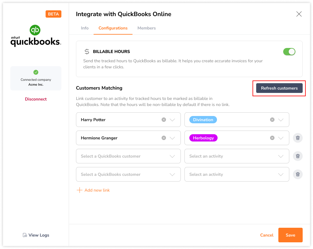 Refreshing customers list from QuickBooks