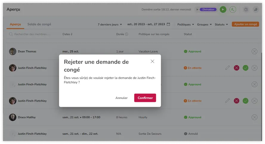 Demande de rejet de la demande de congé d'un membre de l'équipe