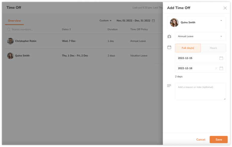 Filling in time off details for a team member
