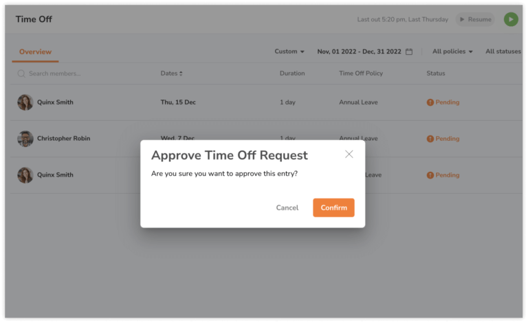 Prompt to approve time off request for a team member