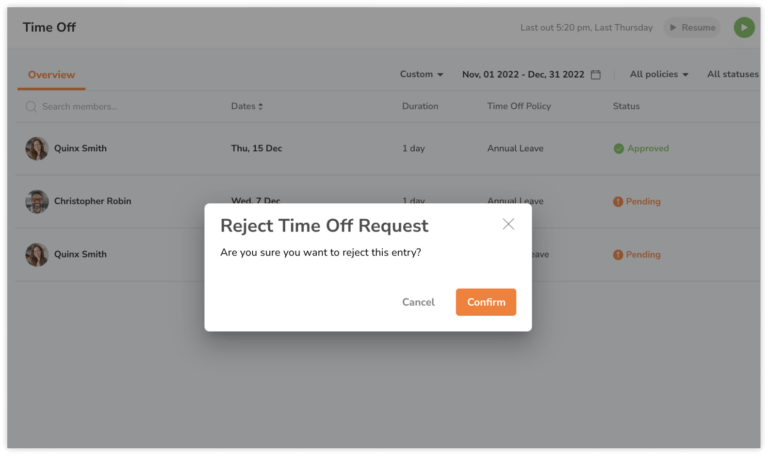 Prompt to reject time off request for a team member