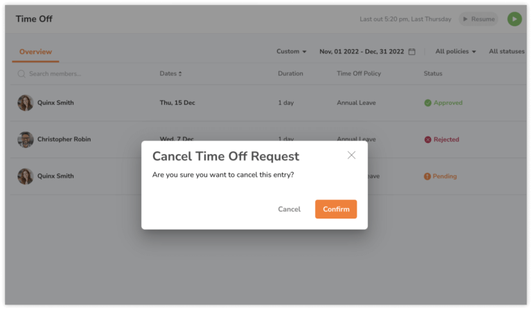 Prompt to cancel time off request for a team member