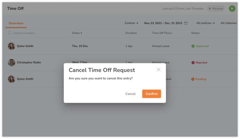 Prompt to cancel time off request for a team member