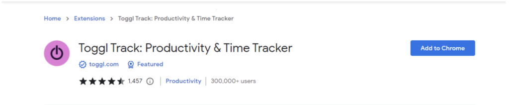 Google Chrome extension browser displaying Toggl Track's extension