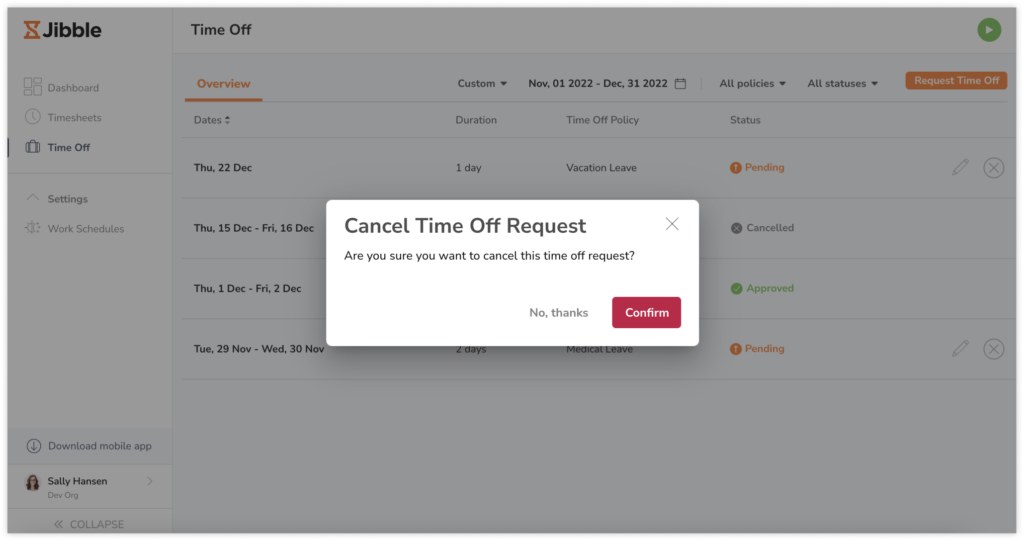 Confirming time off cancellation in prompt