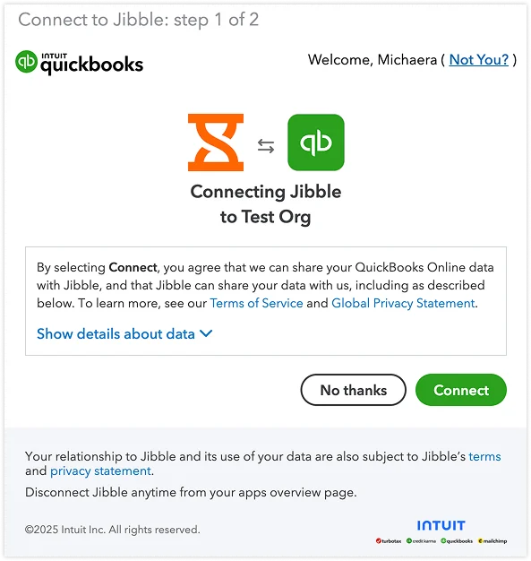 Conectar o QuickBooks Online com o Jibble