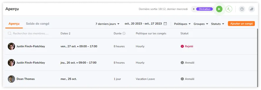 Congé avec statut d'annulation