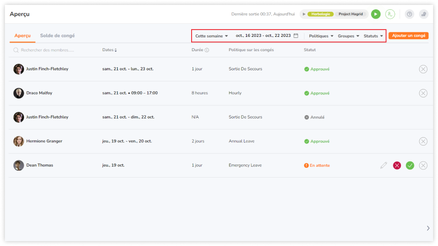 Filter time off by date, policies and statuses