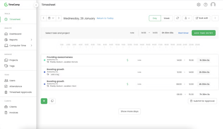 TimeCamp layout showing timesheet dashboard