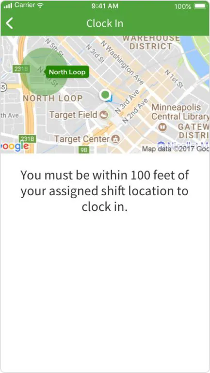 Mobile screen showing When I Work clock in requirement using geofencing