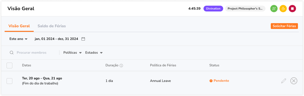 férias solicitadas na página de visão geral de férias