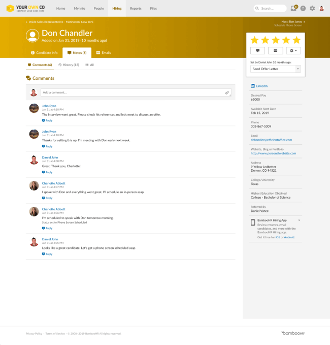 BambooHR's recruiting software interface 