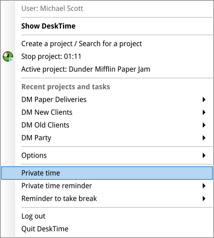 Dropdown showing private time and break option