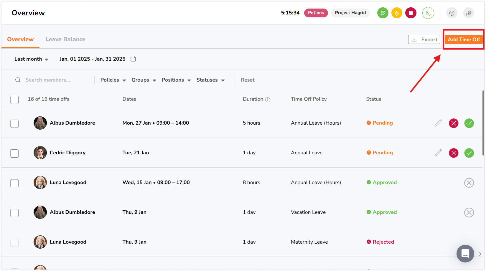 在休假概览页面上，点击添加休假按钮