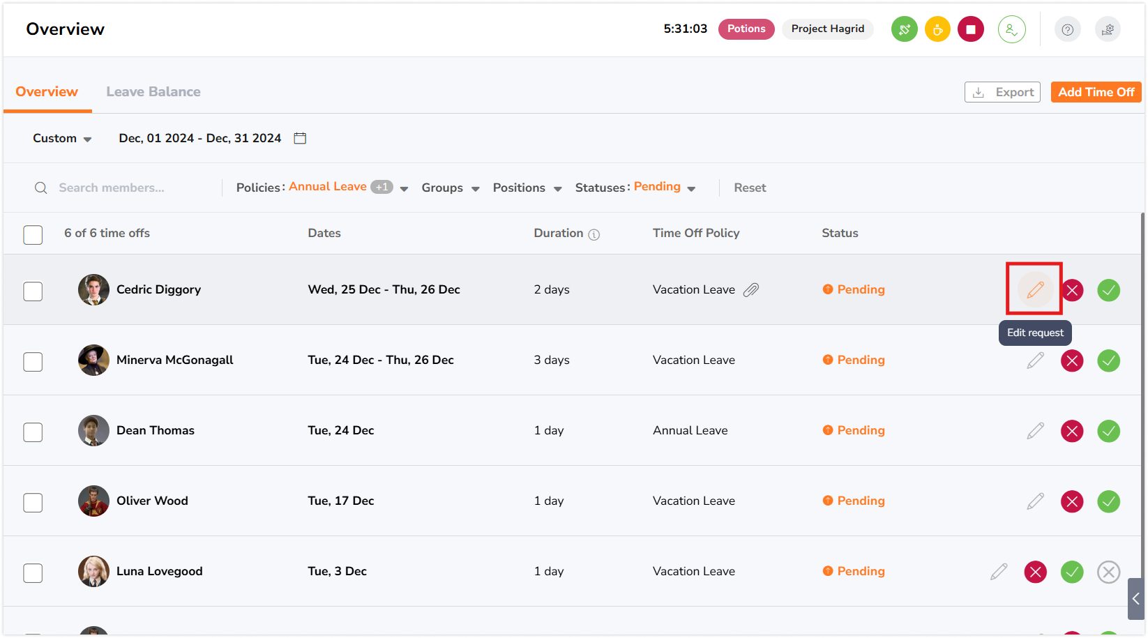 编辑休假申请的铅笔图标