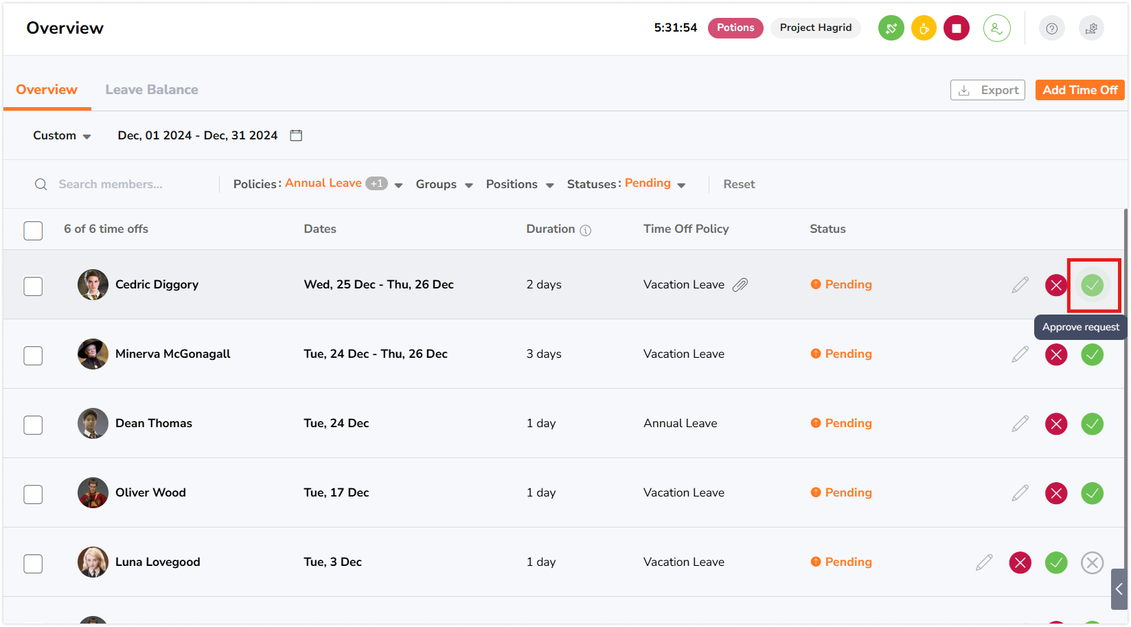 休假申请的批准按钮