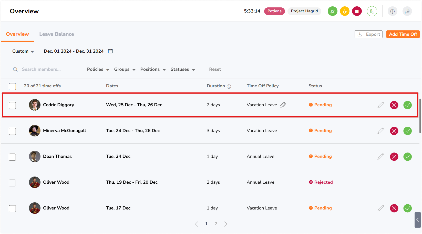 休假申请概览页面