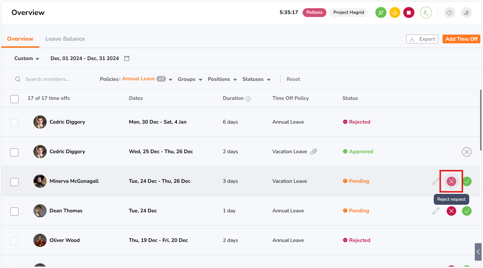 拒绝休假申请的按钮