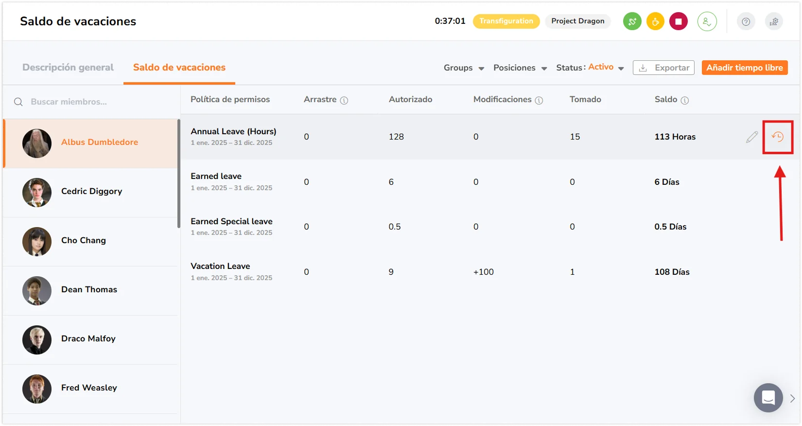 History button on time off policy under leave balance tab