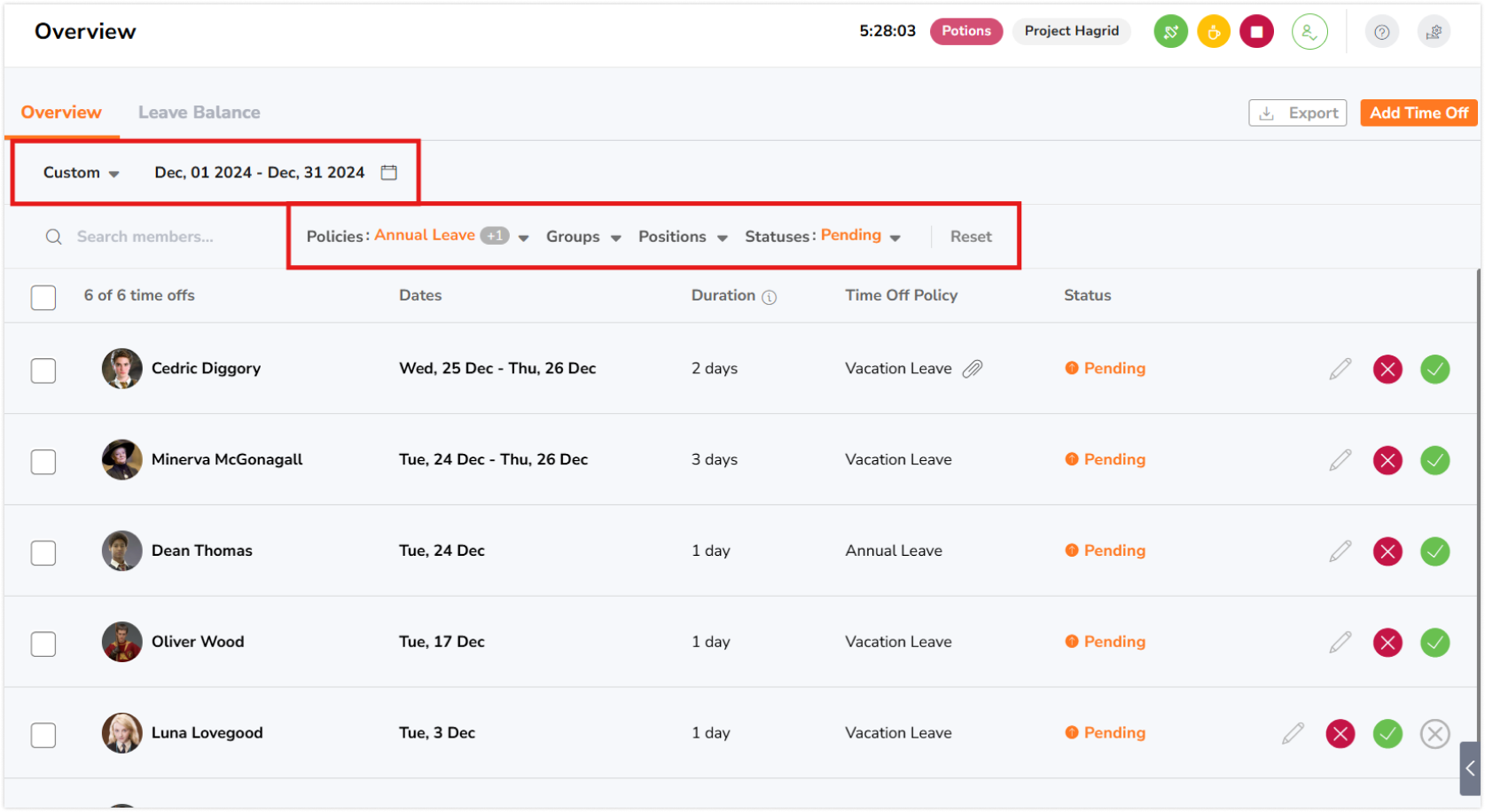 休假概览页面的筛选功能
