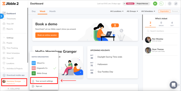 Jibble2 Dashboard - Your account settings pannel