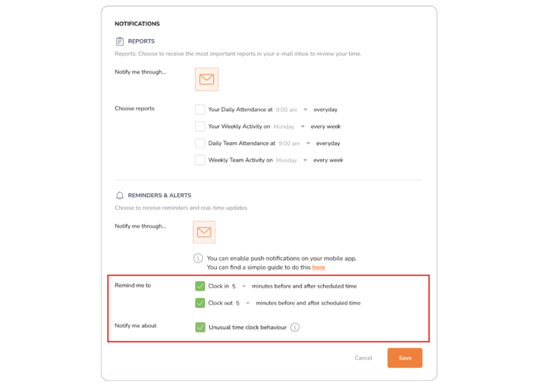 Jibble2 Reminders and alerts settings