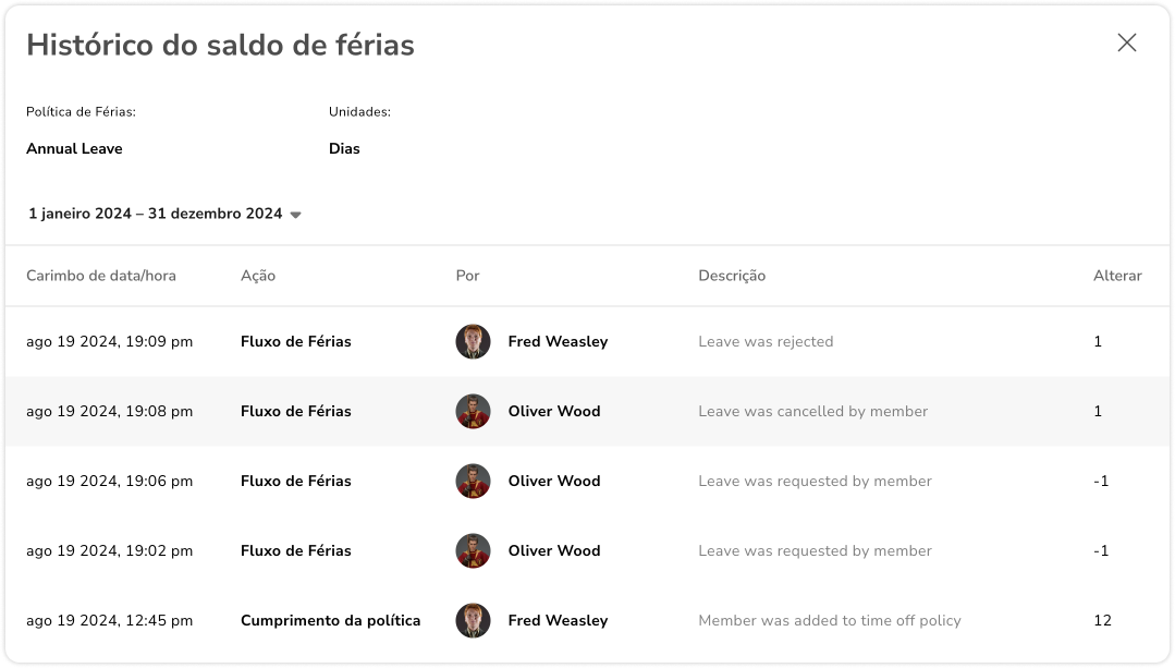 Histórico de saldo de férias