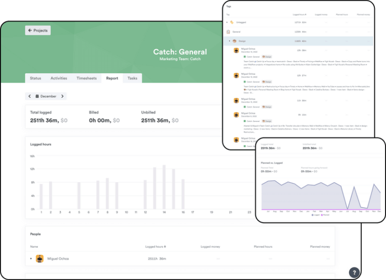 Painel de gestão de projetos do Timely mostrando relatórios e detalhes