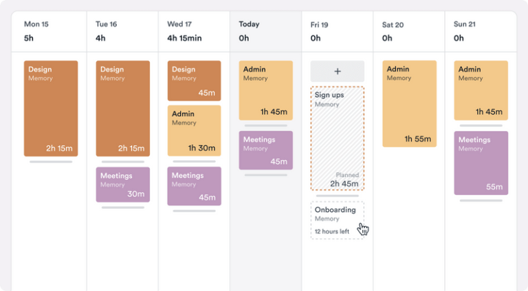 Scheduling interface showing tasks divided by days of the week