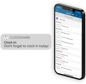 ClockShark's employee scheduling feature sending a clock in notification on the mobile app.