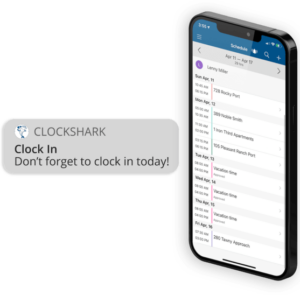 Fitur penjadwalan karyawan ClockShark yang mengirim notifikasi clock in melalui aplikasi seluler.