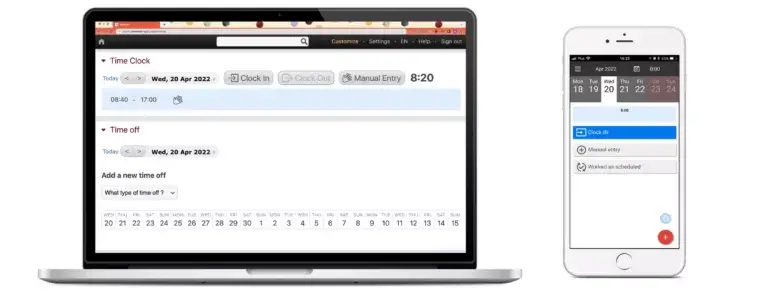Web and mobile app display of time clock