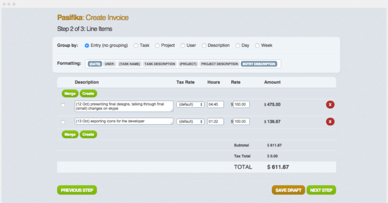 Create invoice interface