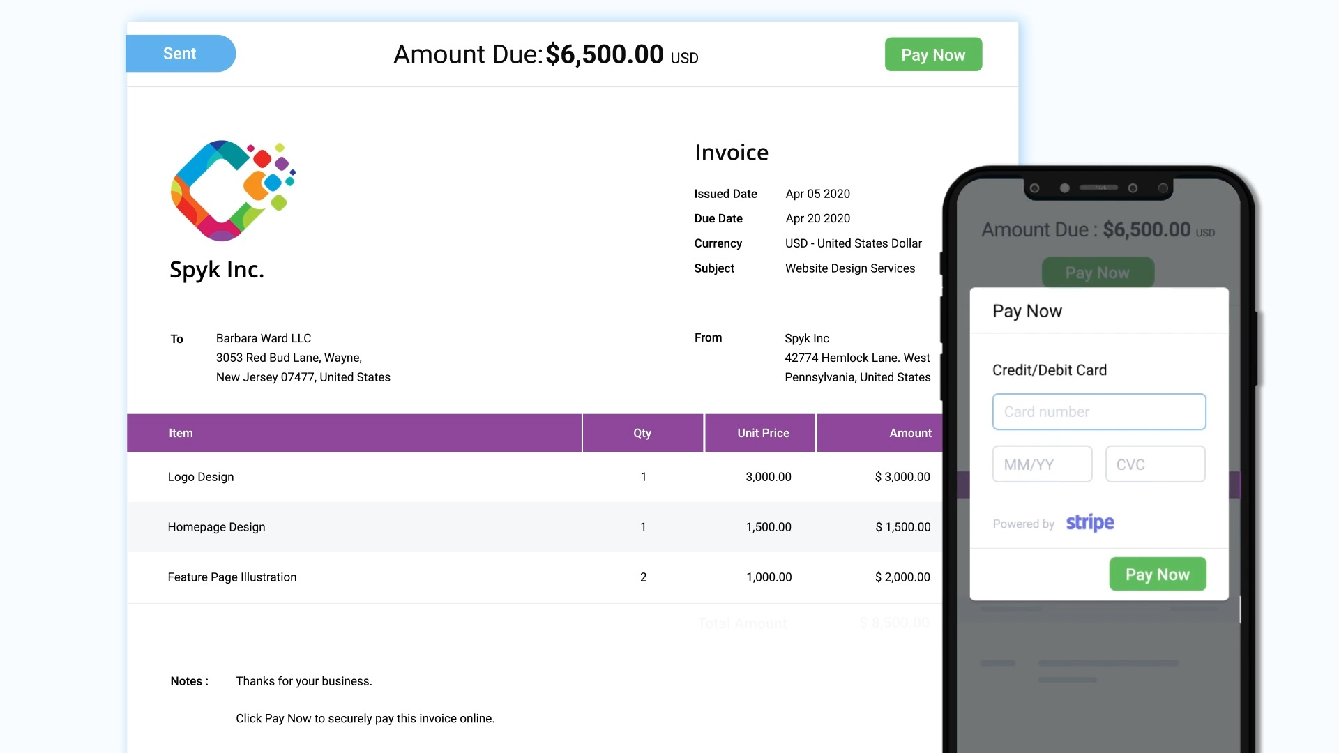 The Avaza Invoicing feature on the web and mobile app.