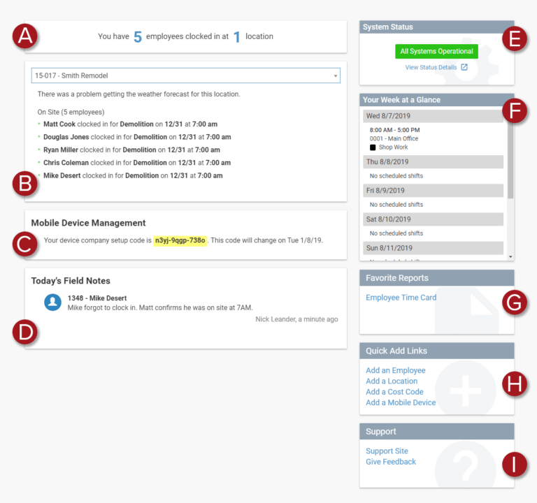 The ExakTime dashboard showing employee timesheets and field notes.