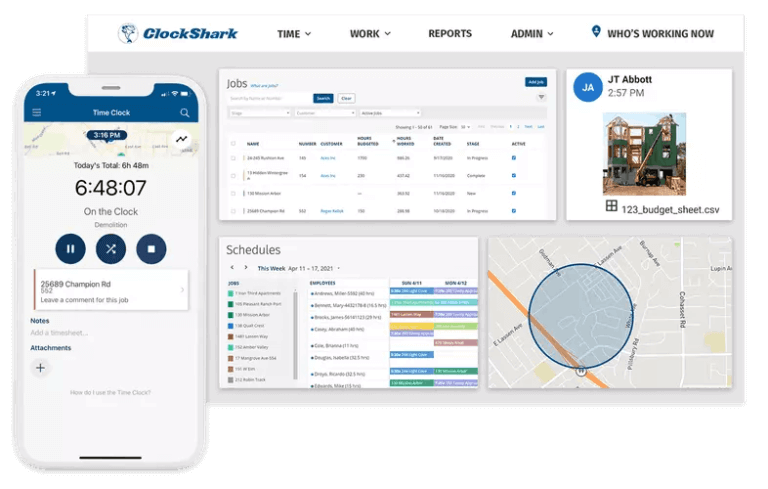 ClockShark's web interface showing job management and time tracking