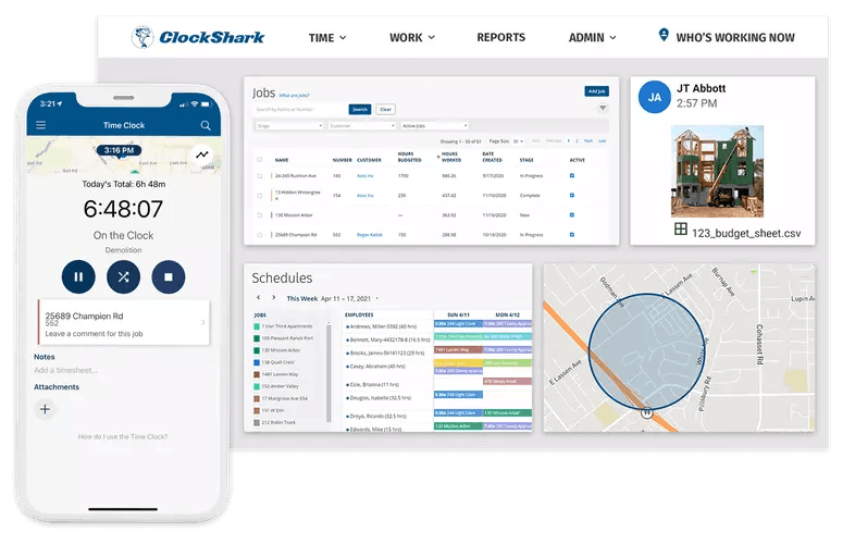 ClockShark's web interface showing job management and time tracking features.