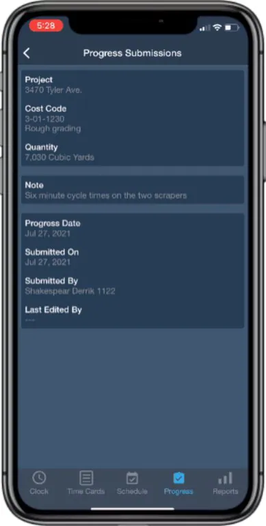 Progress submission page on mobile app