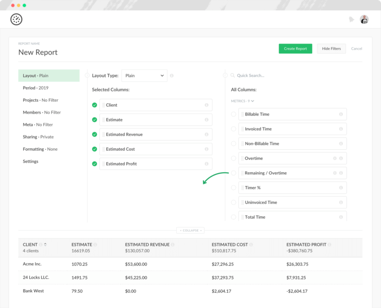 Invoicing layout showing custom dropdown options