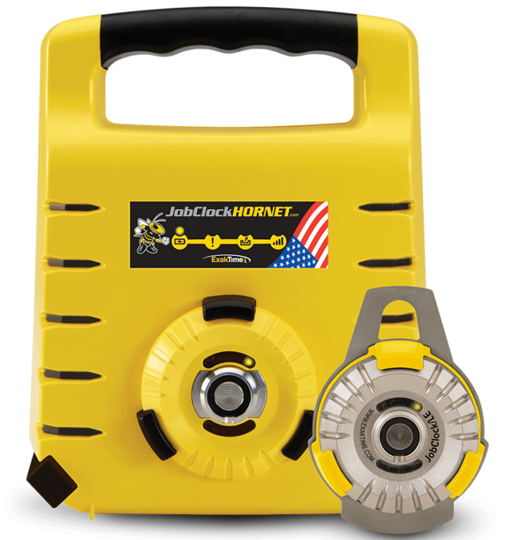 The ExakTime JobClock Hornet rugged time clock that comes in a bright yellow exterior.