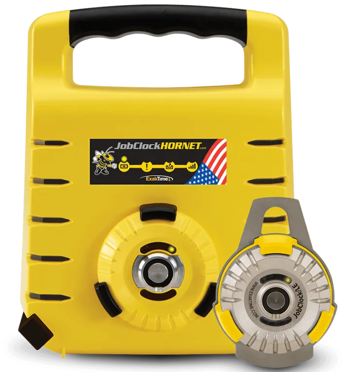 The ExakTime JobClock Hornet rugged time clock that comes in a bright yellow exterior.