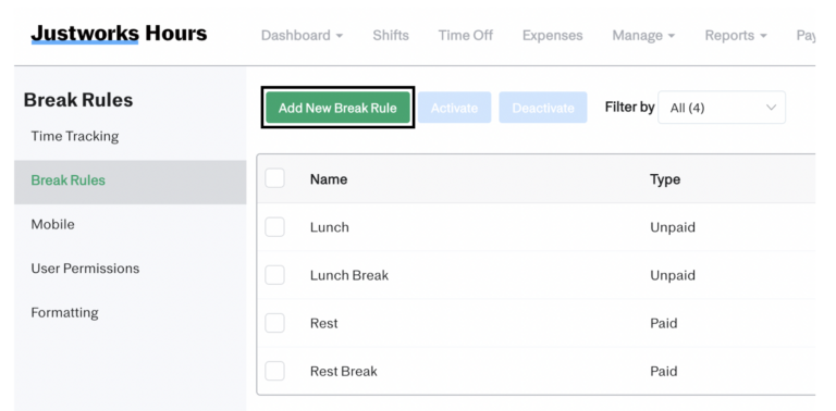 Screenshot of Justworks Hours Break Rule feature