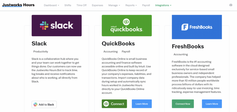 Screenshot of Justworks Hours integration options